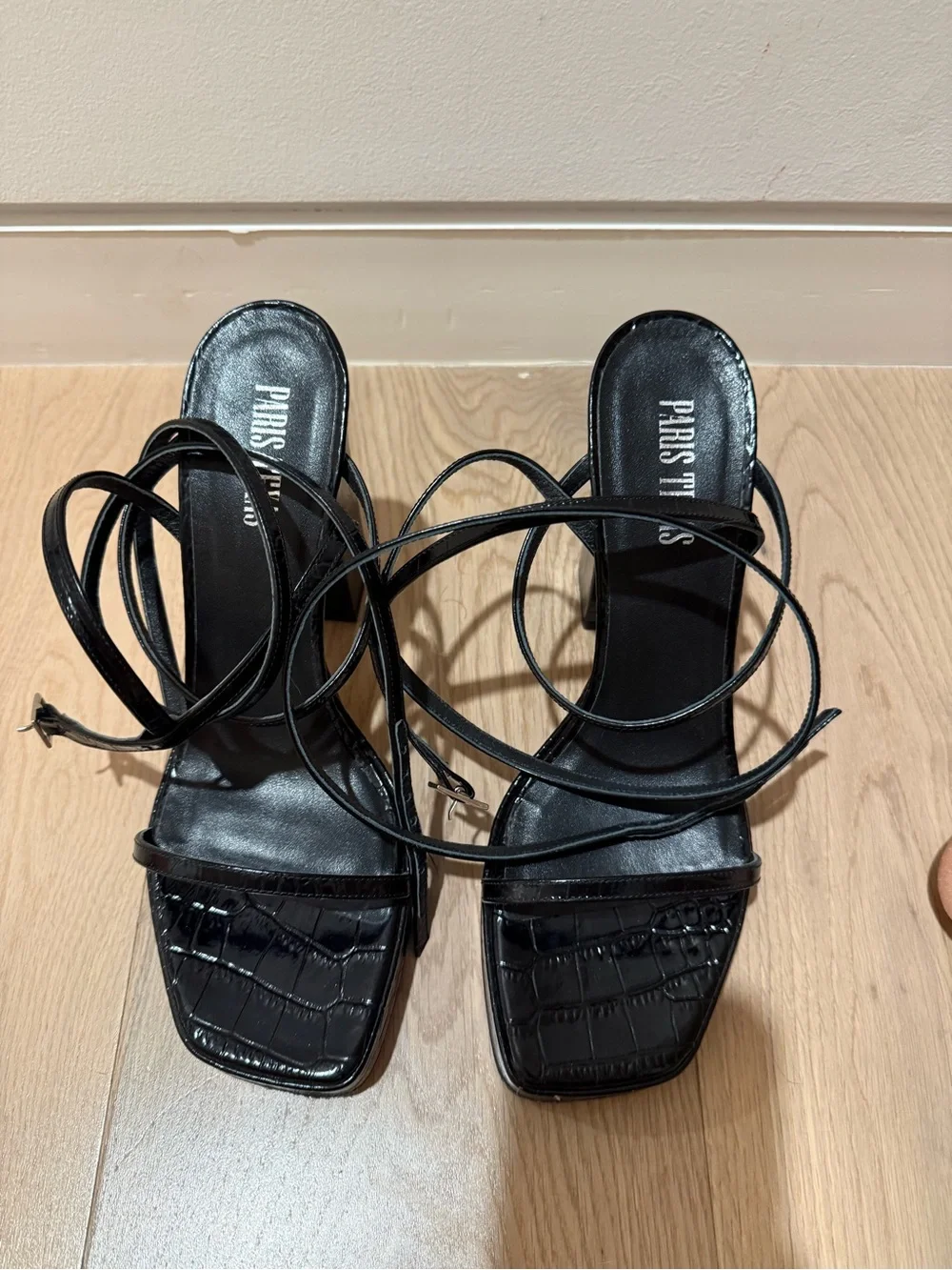 Paris Texas Black Croc-Embossed Strappy Block Heel Sandals